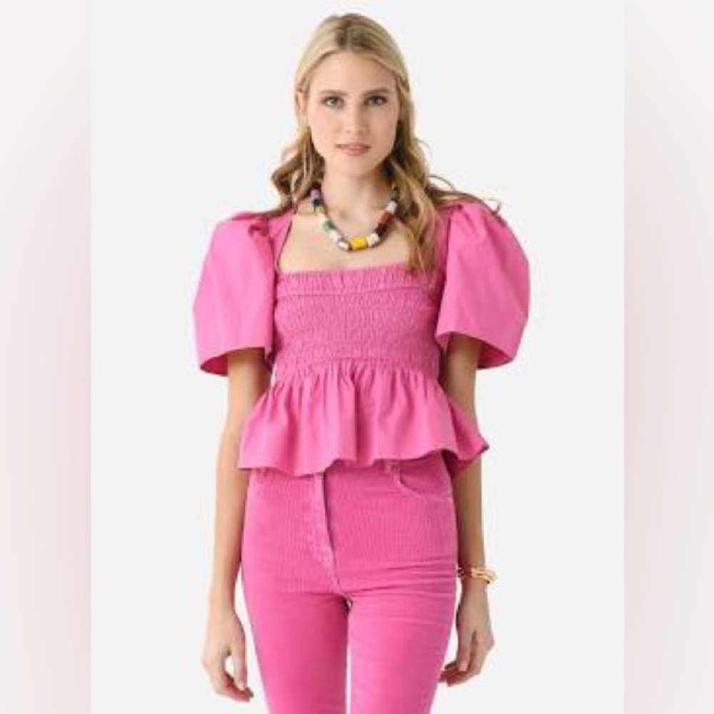 Ganni Cotton Poplin Open Neck Smock Blouse 38 NWT
